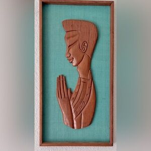 Vintage Mid Century Carved Teak Wood Framed Wall Art A Man in Deep Prayer 10x20”